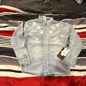 Men's Light Blue Denim Western Shirt with Star Embroidery